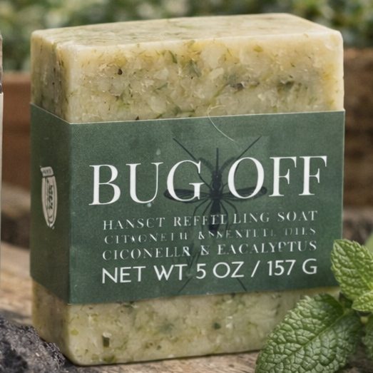 Three soaps labeled 'Gardener's Hands', 'Dirt', and 'Bug Off' on a wooden surface with a natural background.