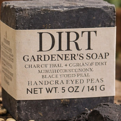 Bar of 'Dirt Gardener's Soap' with a natural design on a wooden surface.