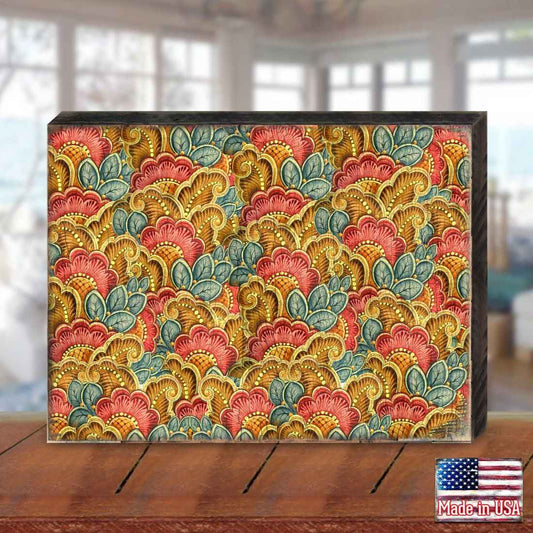 Gold Red Blue Floral Rustic Wall Block by G. DeBrekht - Floral Ornamental Decor - 95019B