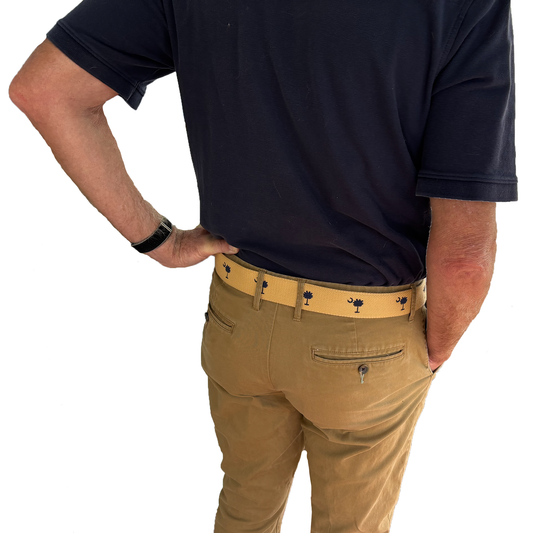 SC State Flag Palmetto Moon Belt Beige Navy Blue Embroidered Woven Web Award Winning Design