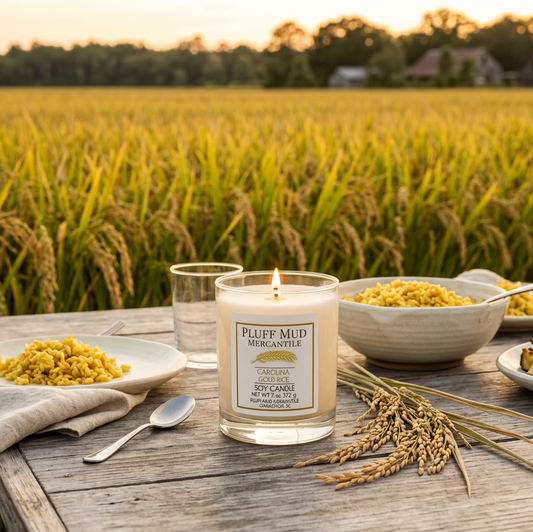 Carolina Gold Rice candle in a wider outdoor farm-meal setting