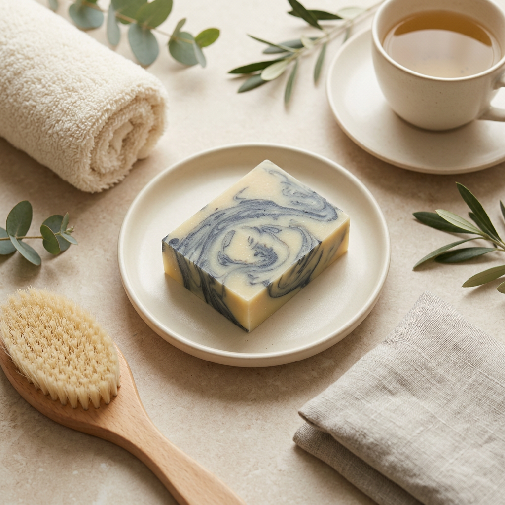 Turmeric Swirl soap in a self-care arrangement with spa accessories