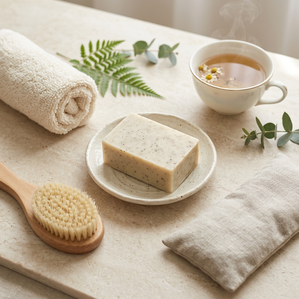 Rosemary soap in a relaxing self-care arrangement with spa accessories