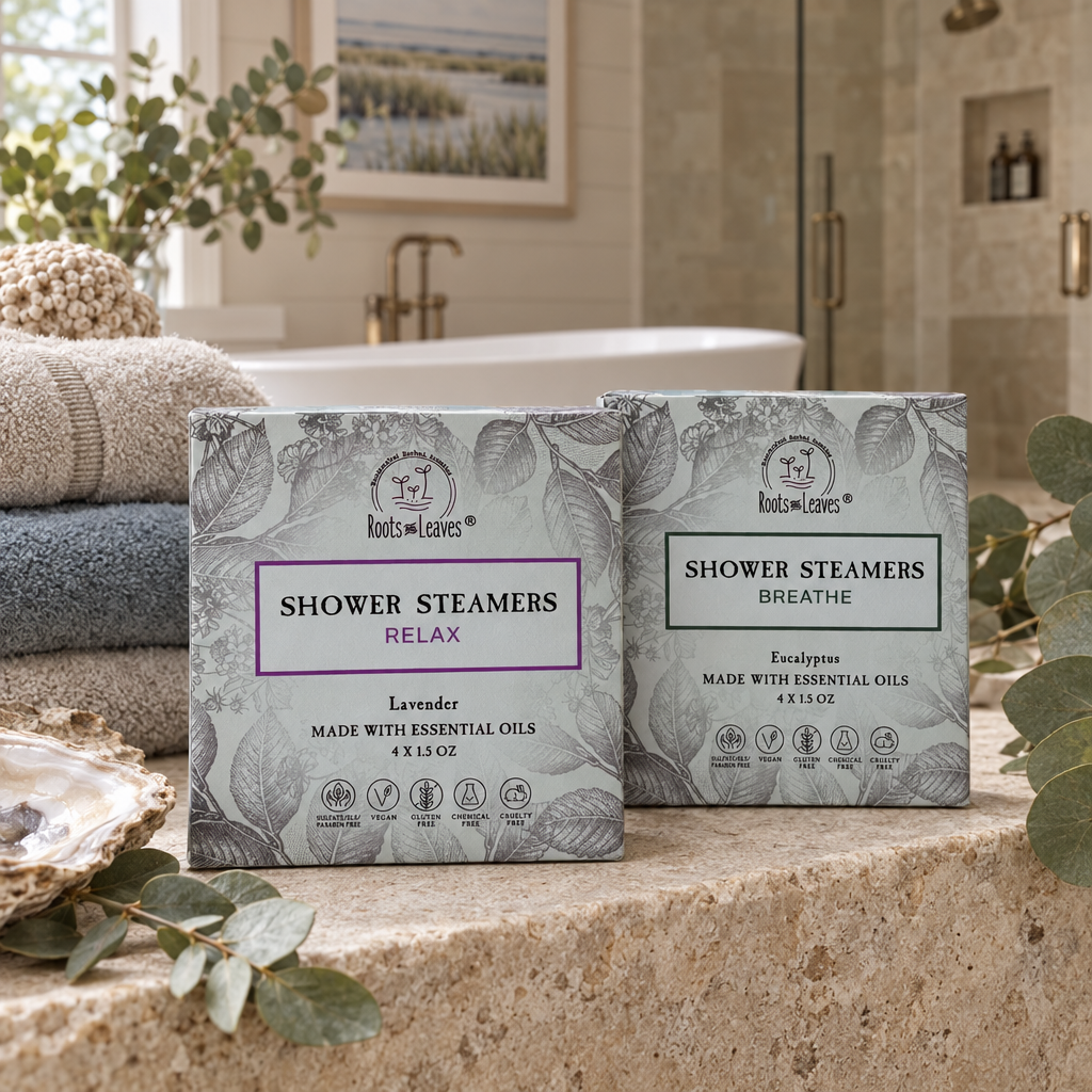 Bath and shower scene featuring Roots & Leaves shower steamers