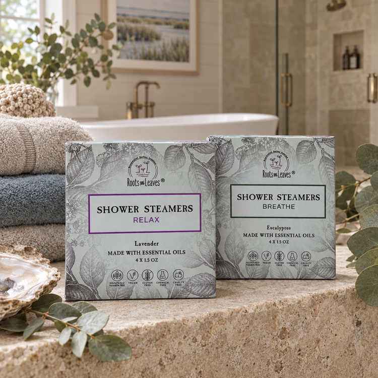 Bath and shower scene featuring Roots & Leaves shower steamers