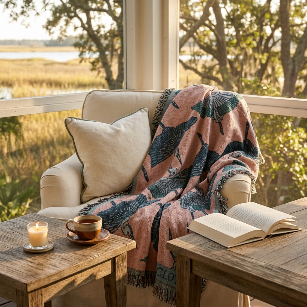 Cozy blanket, book, candle and hot tea scene