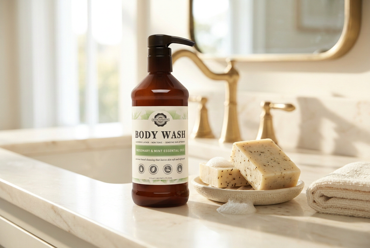 Body wash and handcrafted bar soap on a sunlit bathroom counter