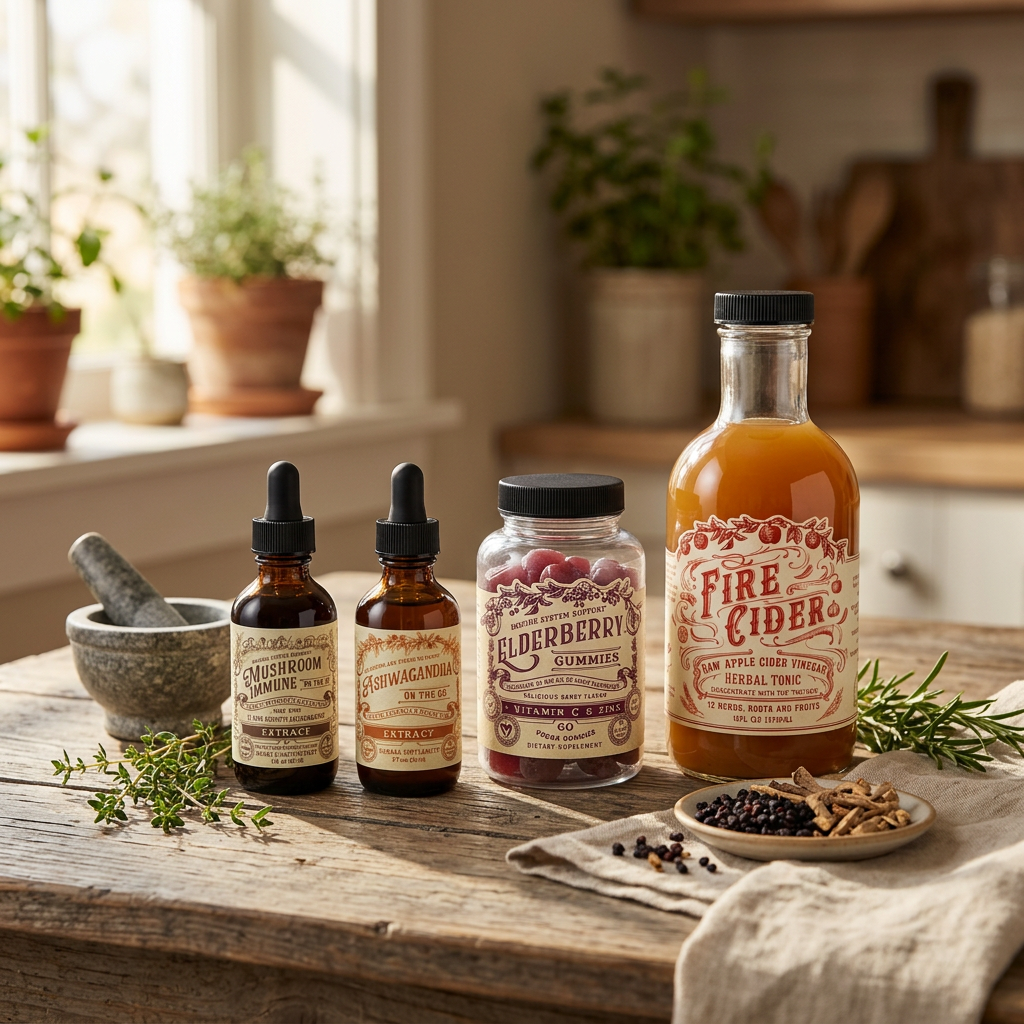 Roots & Leaves products on a sunlit wooden kitchen table with herbs and a mortar and pestle