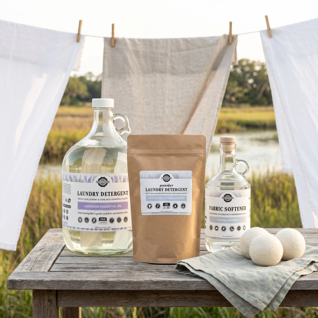 Rustic Strength laundry assortment on an outdoor wood table overlooking a Lowcountry marsh