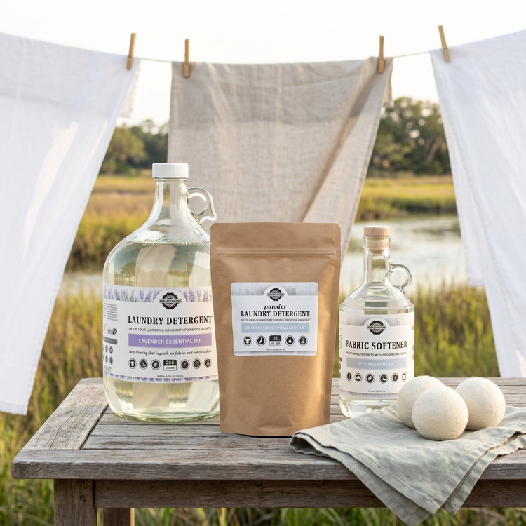Rustic Strength laundry assortment on an outdoor wood table overlooking a Lowcountry marsh