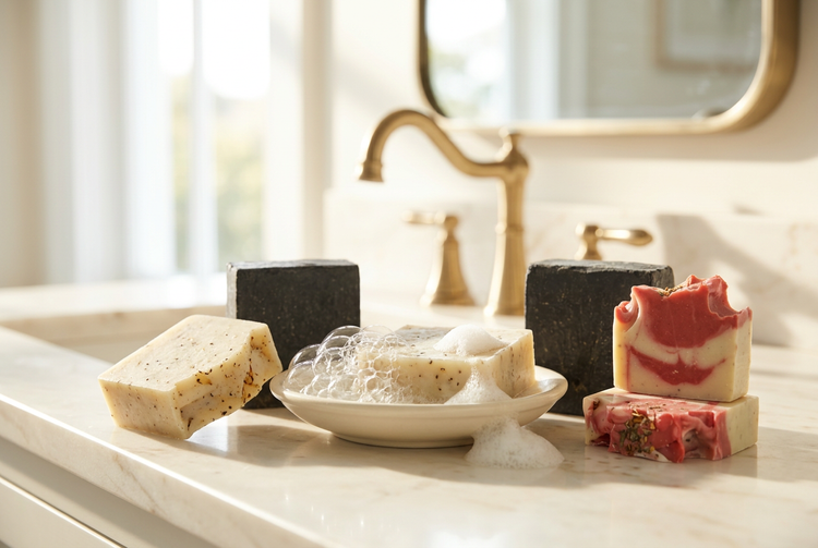 Several handcrafted soaps with bubbles on a luxurious sunlit bathroom counter
