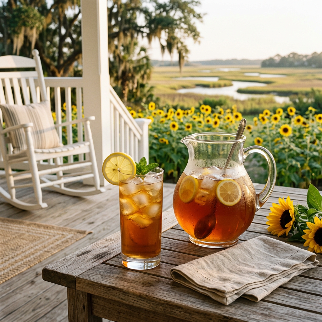 Sweet iced tea and a glass pitcher on a Southern porch overlooking sunflowers and a Lowcountry marsh