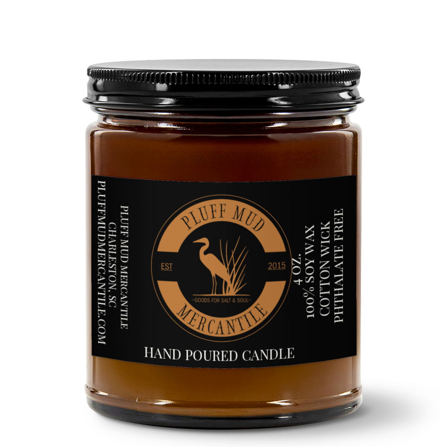 Pluff Mud Mercantile Vintage Amber 4oz Amber Jar Candle | 2.25"x1.5" White Label | Black Lid