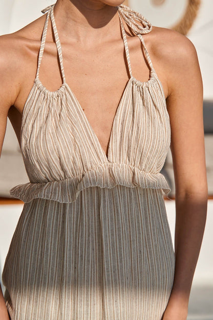 Neck Tie Ruffle Dress — Sand Stripe