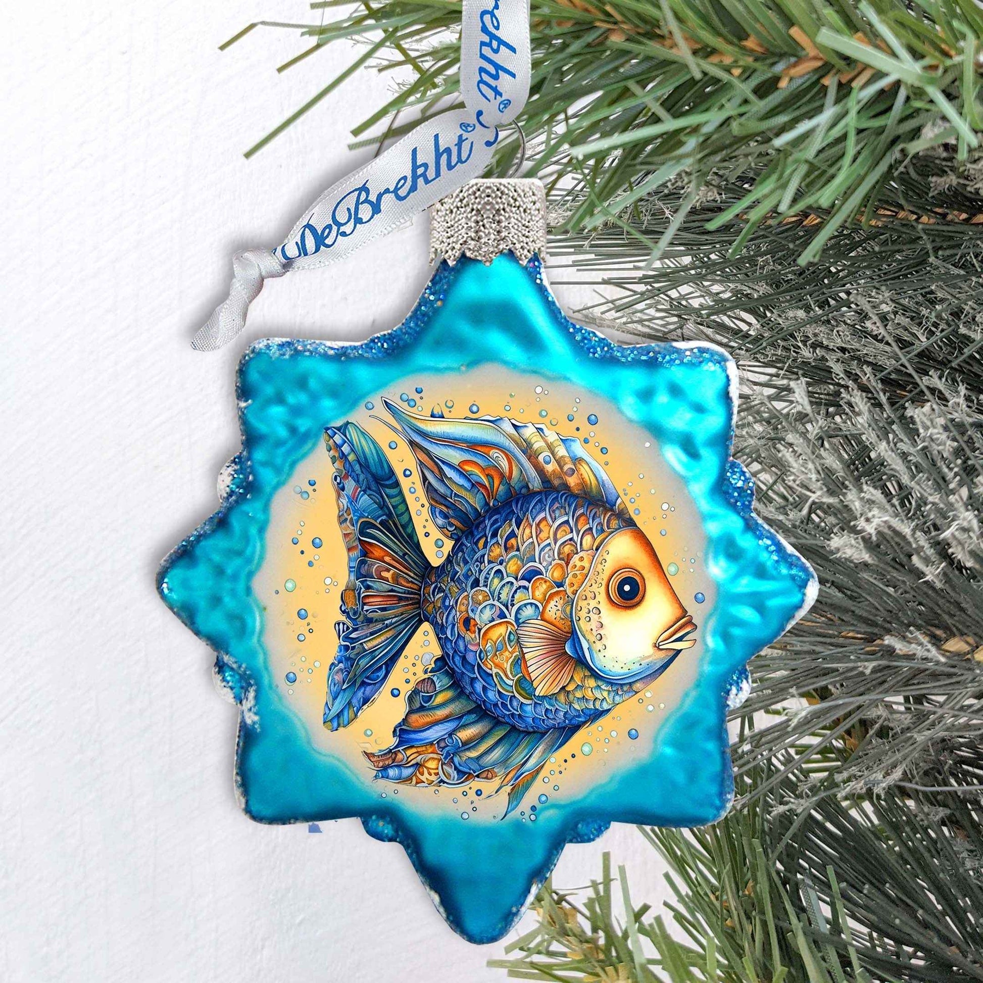 Holiday Coastal Ornament - Azure Fish Keepsake Glass Ornaments by G. Debrekht - Coastal Holiday Decor - 777406