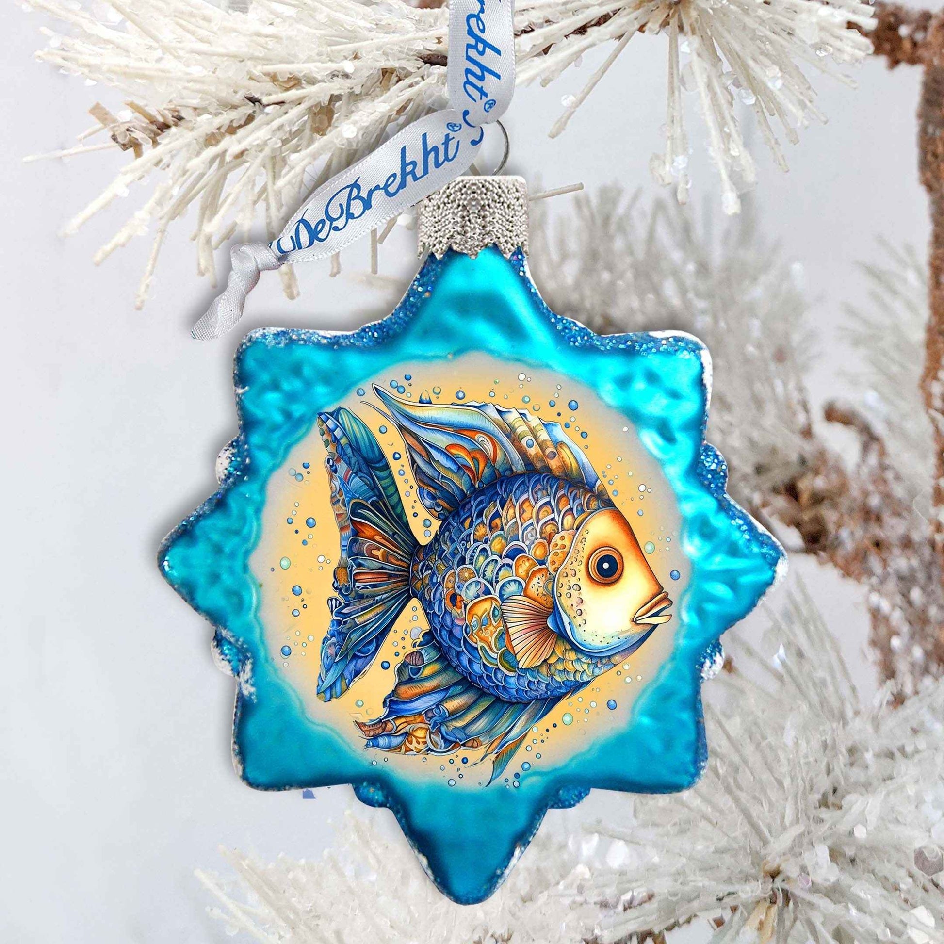 Holiday Coastal Ornament - Azure Fish Keepsake Glass Ornaments by G. Debrekht - Coastal Holiday Decor - 777406