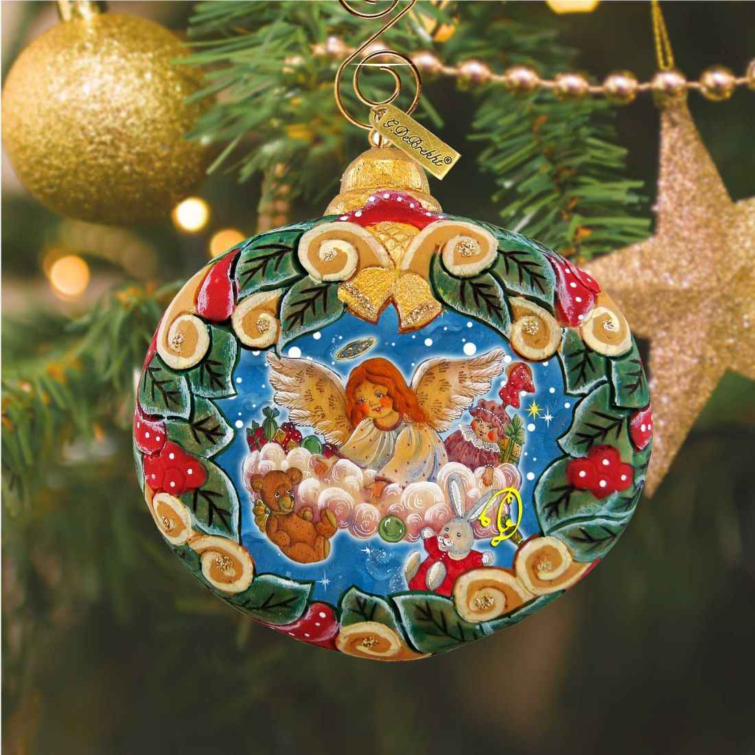 Angel's Gift Wreath Sculpted Hand-Painted Christmas Ornament by G. DeBrekht - Nativity Holiday Decor - 610314