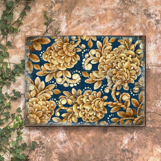 Gold Floral Art on Navy Blue Rustic Wooden Wall Art by G. DeBrekht - Floral Ornamental Decor - 95014B