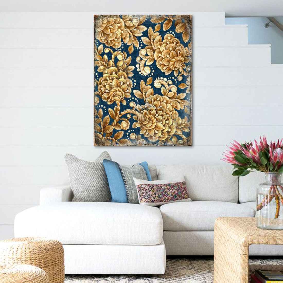 Gold Floral Art on Navy Blue Rustic Wooden Wall Art by G. DeBrekht - Floral Ornamental Decor - 95014B
