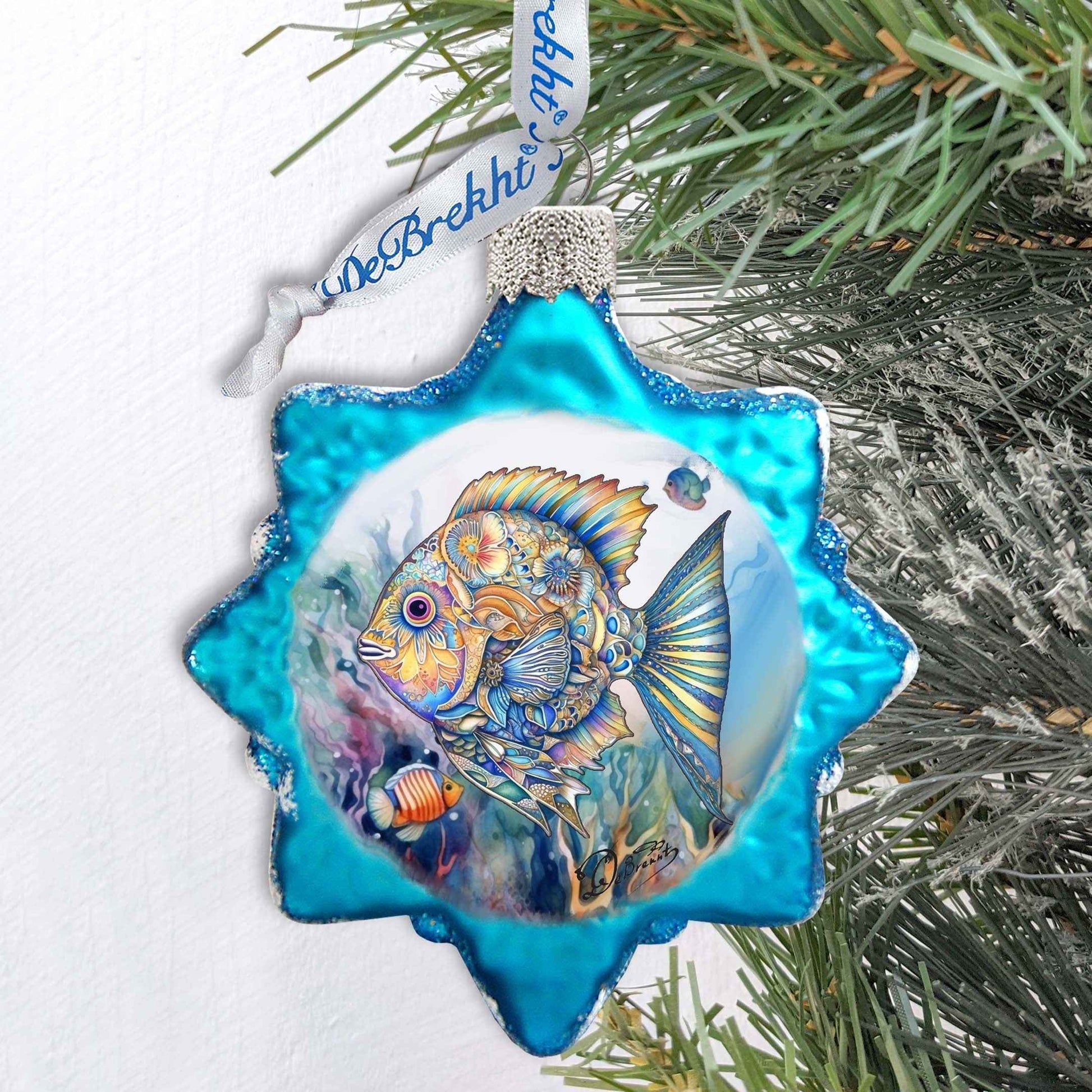 Holiday Coastal Ornament - Blue Fish Keepsake Glass Ornaments by G. Debrekht - Coastal Holiday Decor - 777399