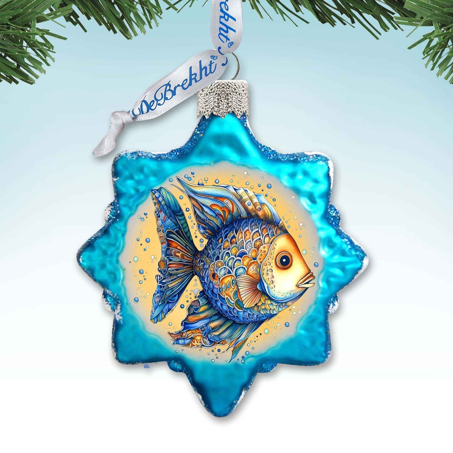 Holiday Coastal Ornament - Azure Fish Keepsake Glass Ornaments by G. Debrekht - Coastal Holiday Decor - 777406