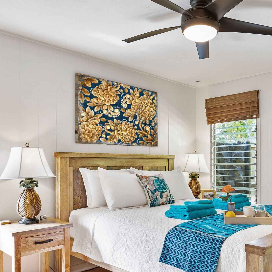 Gold Floral Art on Navy Blue Rustic Wooden Wall Art by G. DeBrekht - Floral Ornamental Decor - 95014B