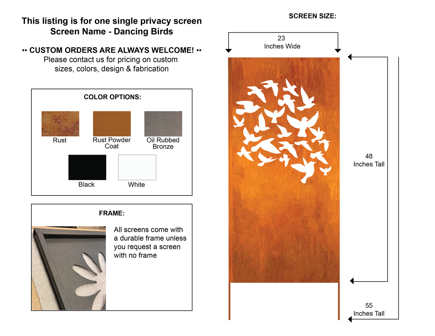 Outdoor Screen Panels or Large Metal Wall Art (46" Inch)