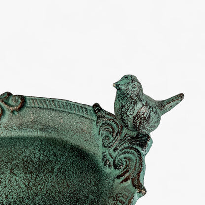 Pedestal Bird Bath with Bird, Green Patina Cast Iron Garden Decor