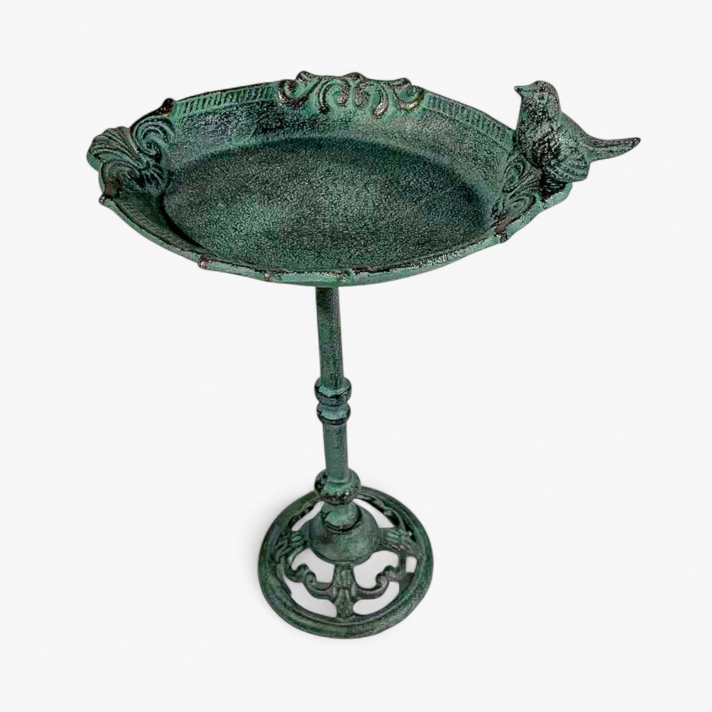 Pedestal Bird Bath with Bird, Green Patina Cast Iron Garden Decor