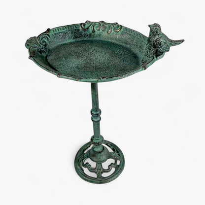 Pedestal Bird Bath with Bird, Green Patina Cast Iron Garden Decor