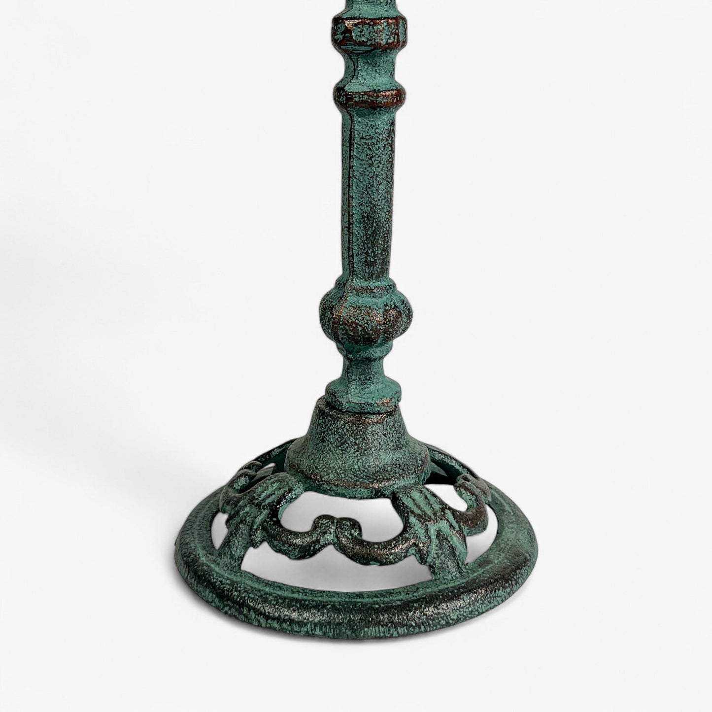 Pedestal Bird Bath with Bird, Green Patina Cast Iron Garden Decor