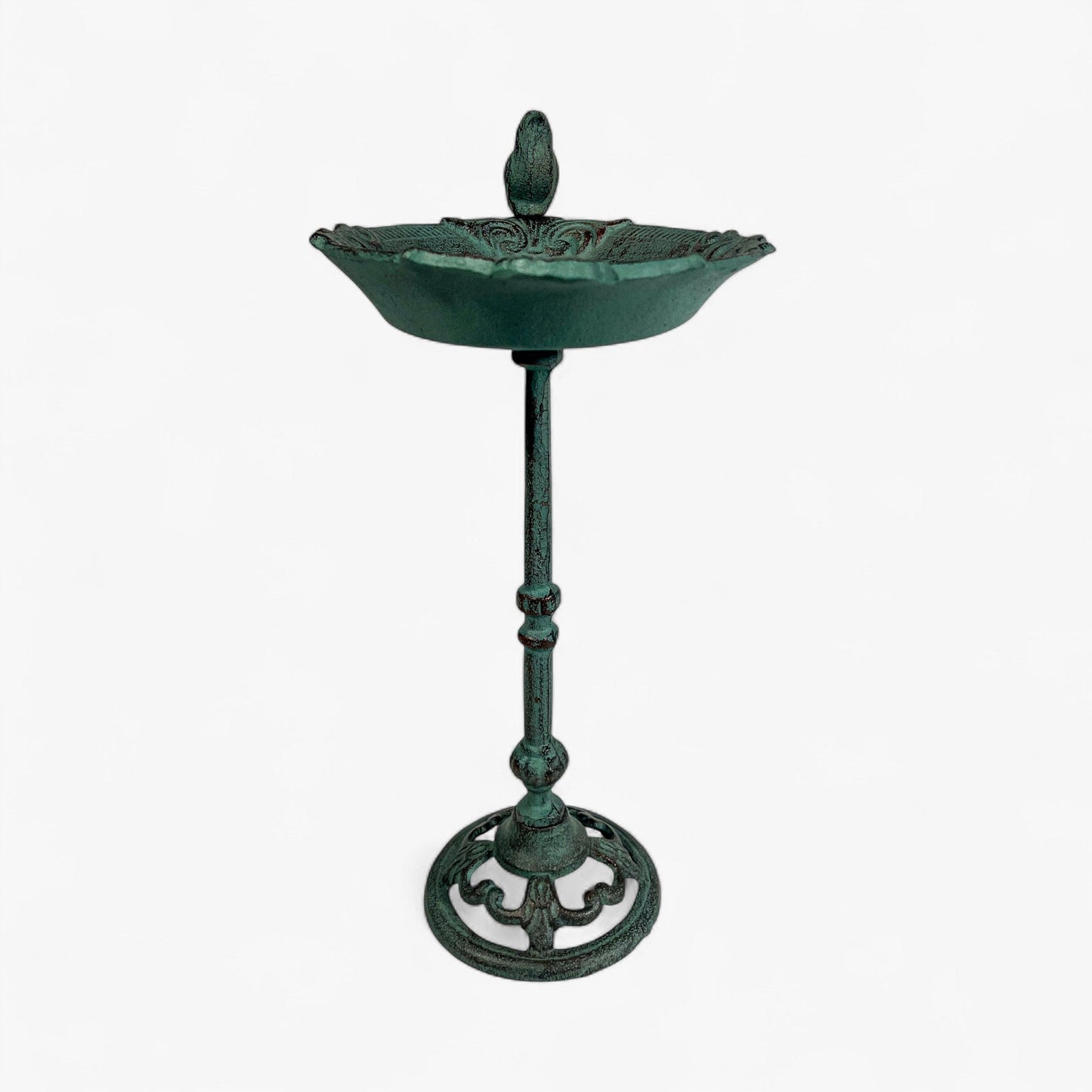 Pedestal Bird Bath with Bird, Green Patina Cast Iron Garden Decor