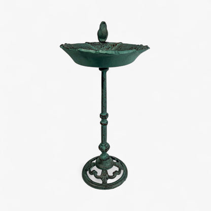 Pedestal Bird Bath with Bird, Green Patina Cast Iron Garden Decor