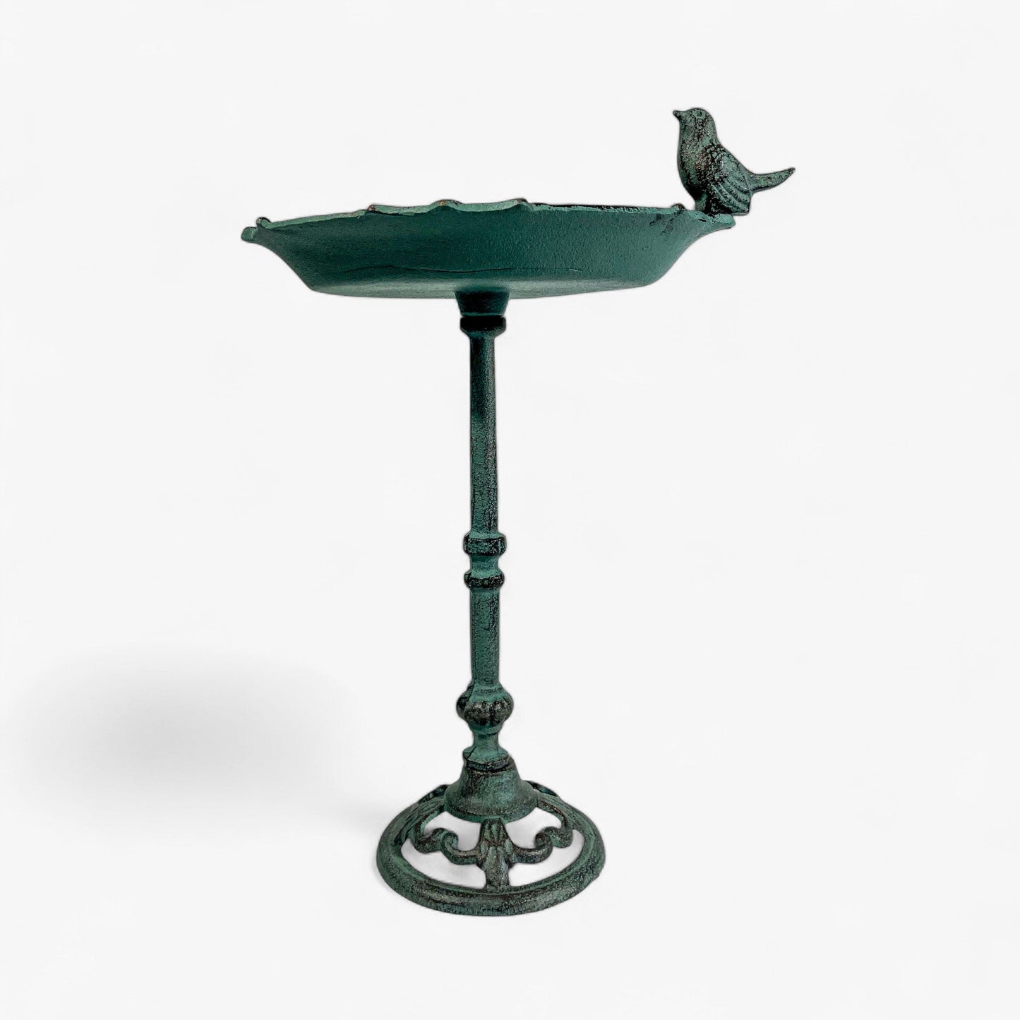Pedestal Bird Bath with Bird, Green Patina Cast Iron Garden Decor