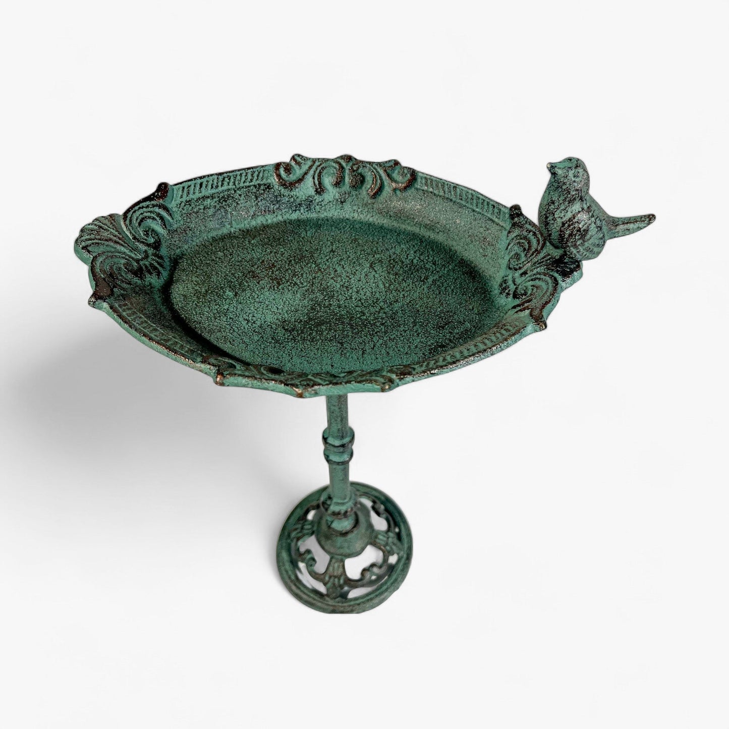 Pedestal Bird Bath with Bird, Green Patina Cast Iron Garden Decor