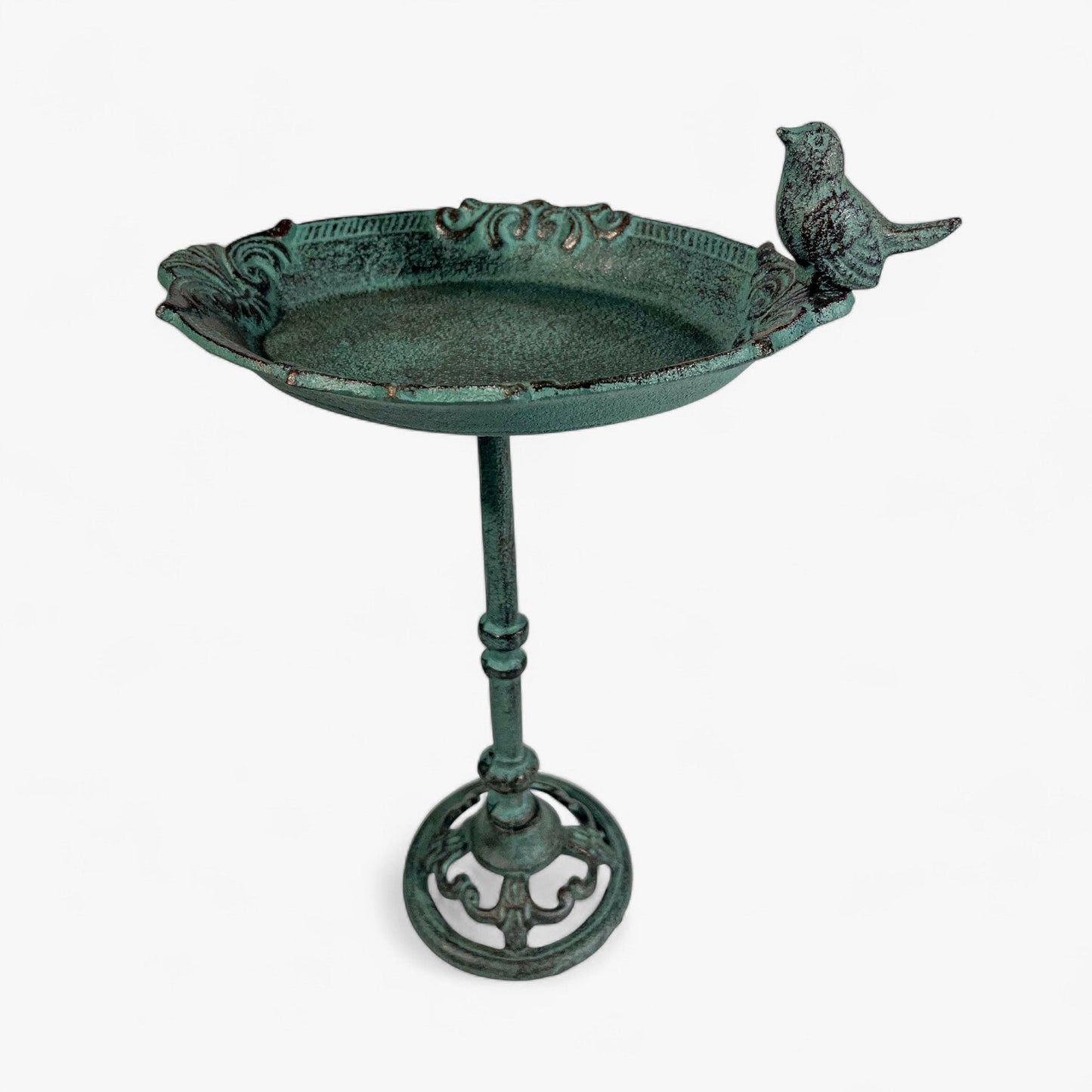 Pedestal Bird Bath with Bird, Green Patina Cast Iron Garden Decor