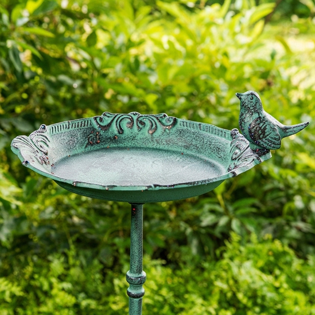 Pedestal Bird Bath with Bird, Green Patina Cast Iron Garden Decor