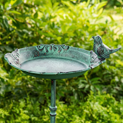 Pedestal Bird Bath with Bird, Green Patina Cast Iron Garden Decor