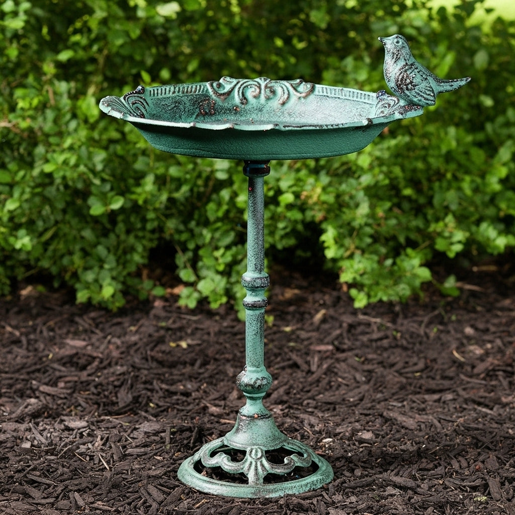 Pedestal Bird Bath with Bird, Green Patina Cast Iron Garden Decor