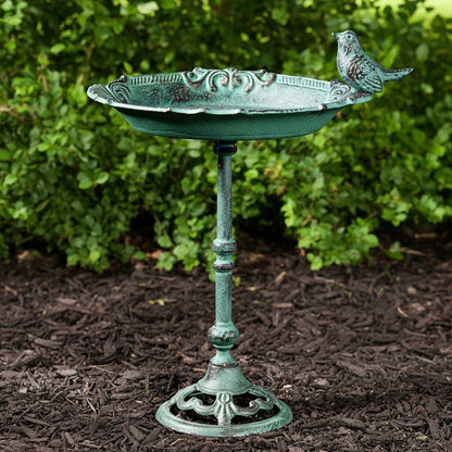 Pedestal Bird Bath with Bird, Green Patina Cast Iron Garden Decor