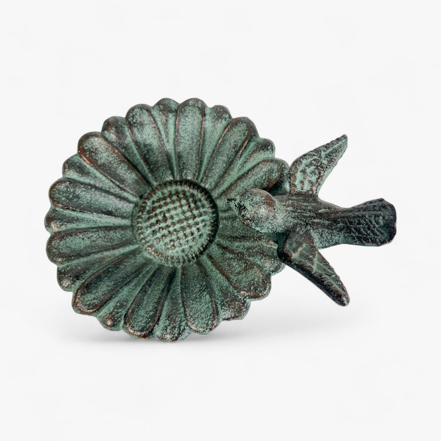 Sunflower Bird Bath and Feeder, Verdigris Cast Iron Pedestal