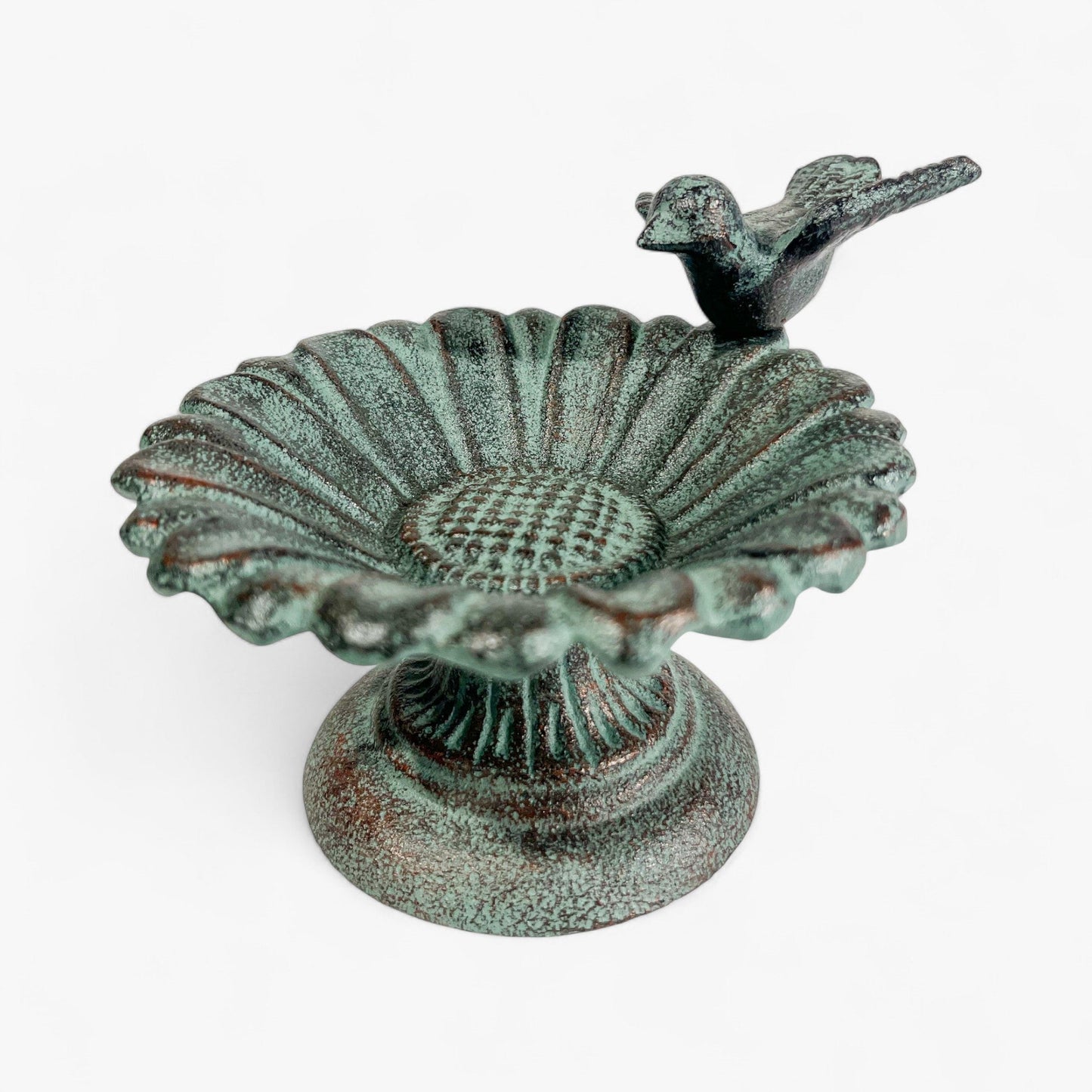 Sunflower Bird Bath and Feeder, Verdigris Cast Iron Pedestal