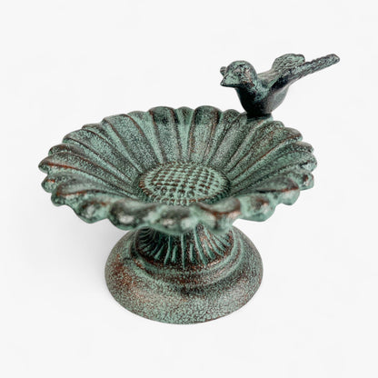 Sunflower Bird Bath and Feeder, Verdigris Cast Iron Pedestal