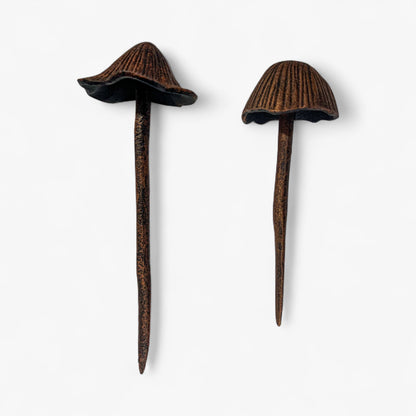 Mushroom Garden Stakes, Cast Iron Set of 2, Aged Copper Finish