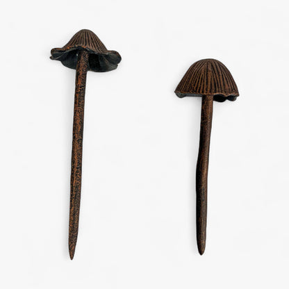 Mushroom Garden Stakes, Cast Iron Set of 2, Aged Copper Finish