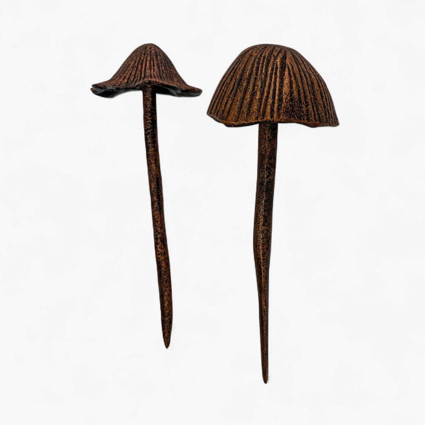 Mushroom Garden Stakes, Cast Iron Set of 2, Aged Copper Finish