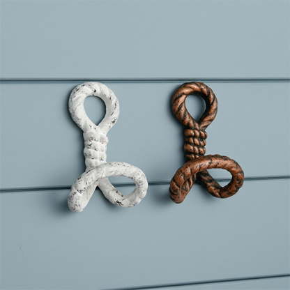 Nautical Rope Wall Hooks, Cast Iron Set of 2, White and Copper