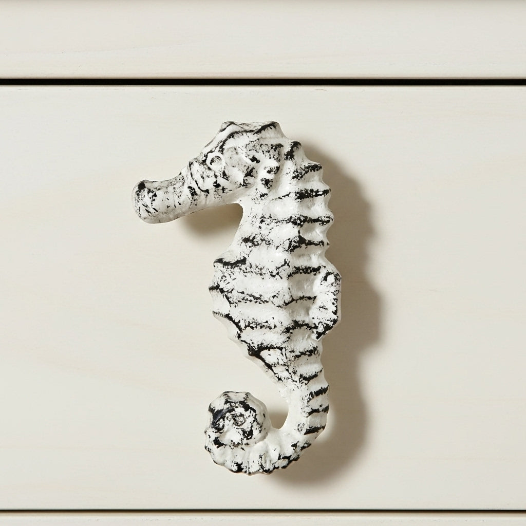 Seahorse Drawer Pull, Distressed White Cast Iron Cabinet Knob