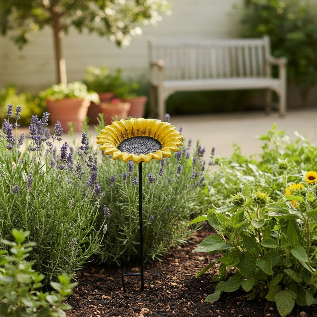 Sunflower Bird Feeder and Bath, Yellow Cast Iron Garden Stake