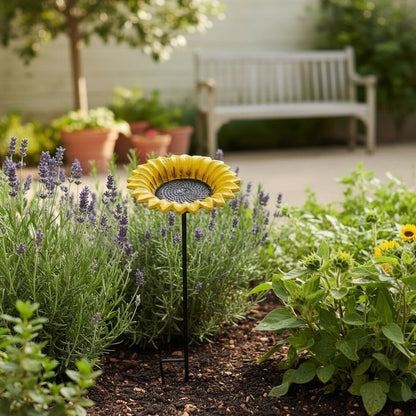 Sunflower Bird Feeder and Bath, Yellow Cast Iron Garden Stake